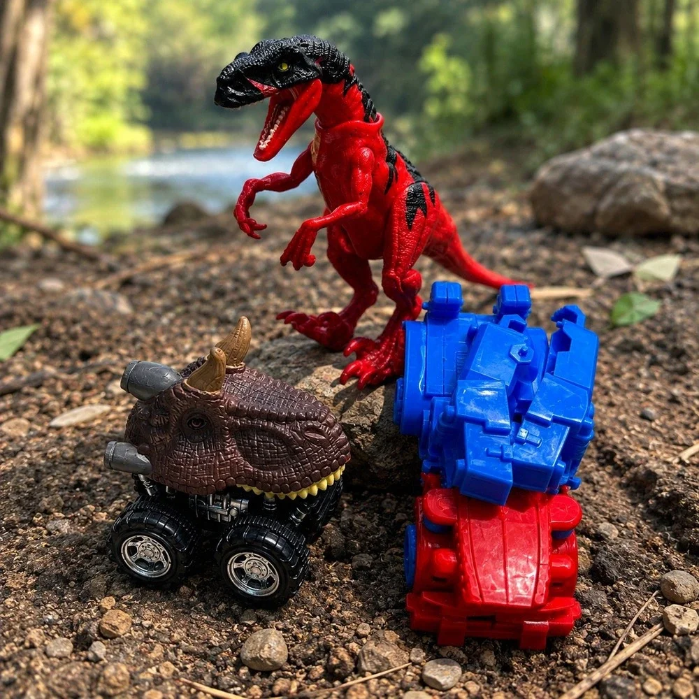 Dinosaur Toy Lot Red Raptor Triceratops Monster Truck Transforming Robot Car